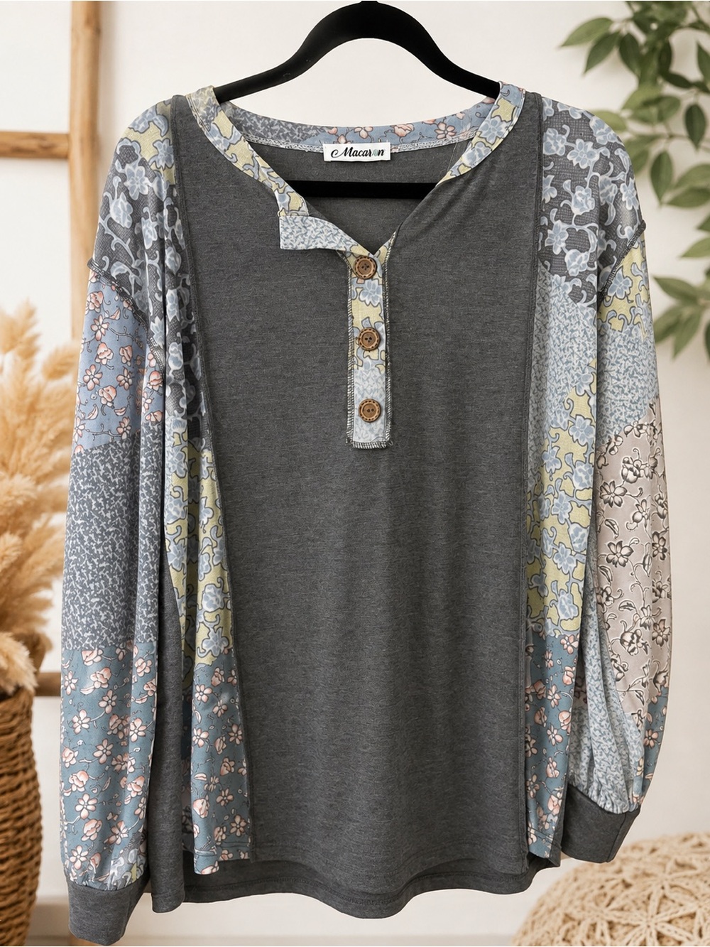 MACARON Charcoal Grey Long-Sleeve Patchwork Henley